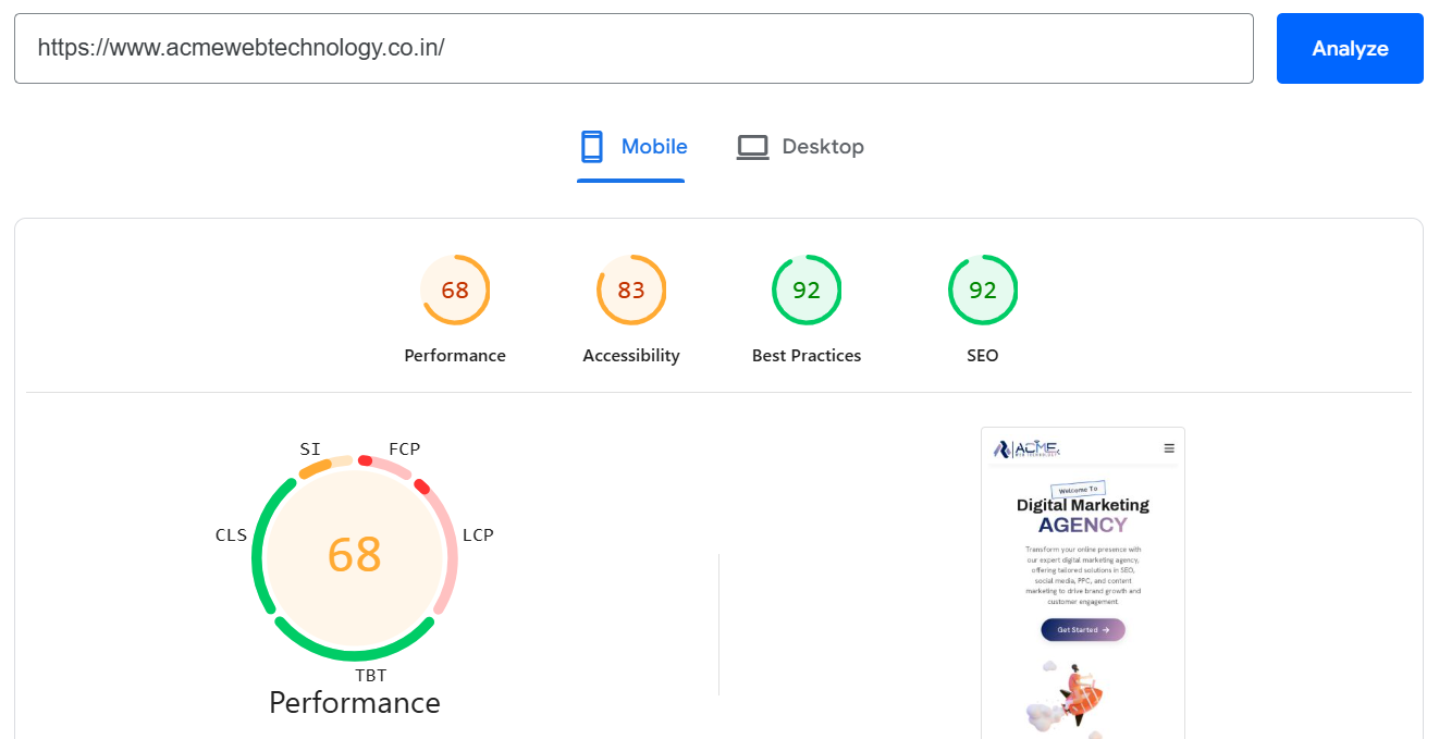 Mobile PageSpeed score