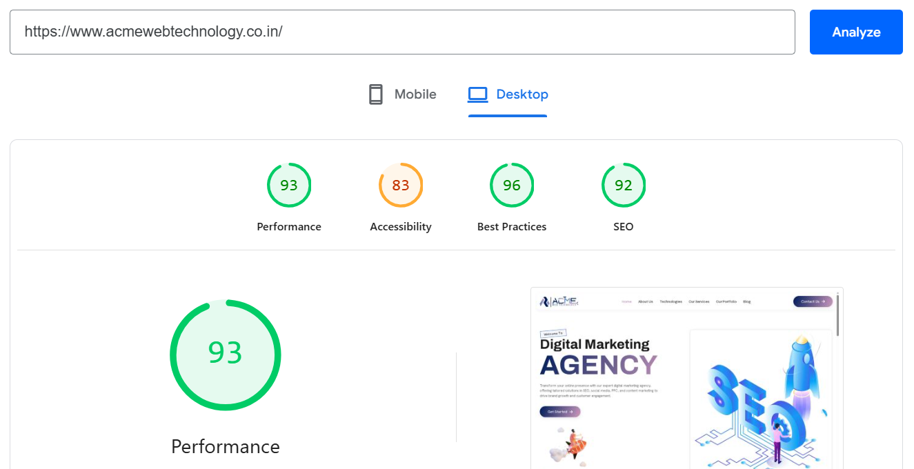 Desktop PageSpeed score
