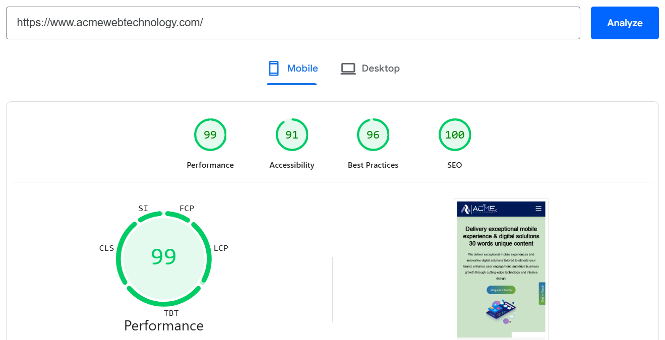 Mobile PageSpeed score